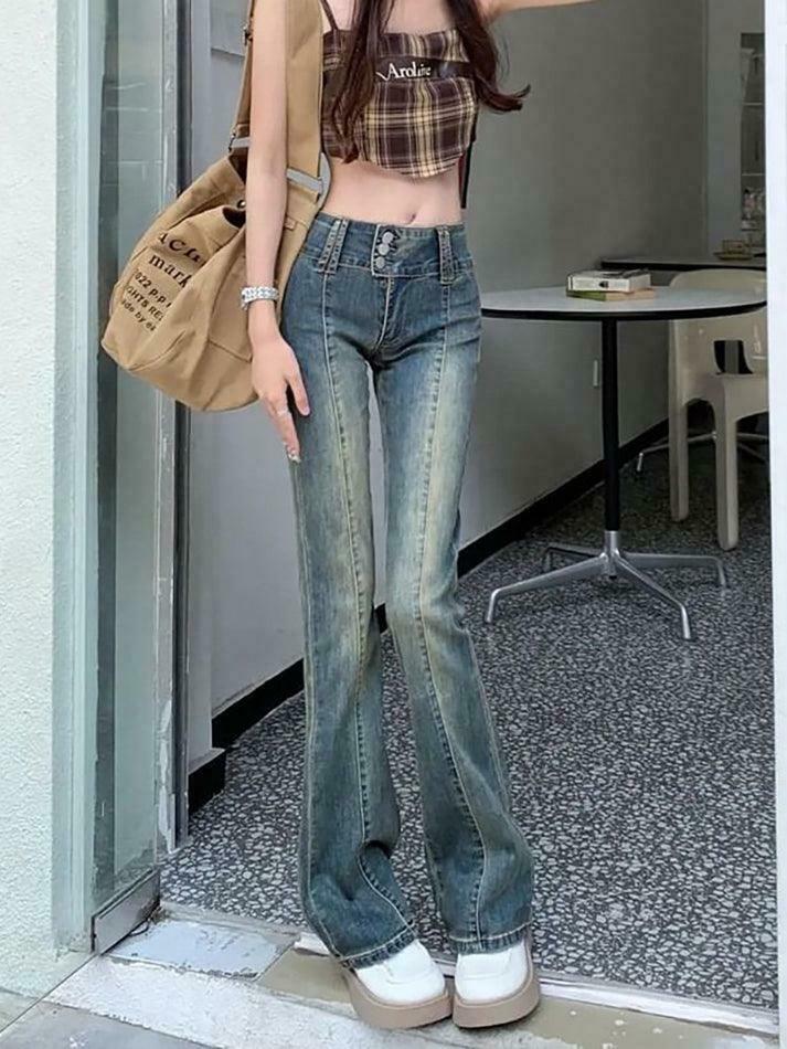 Vintage Washed Boot-Cut Jeans: Y2K Aesthetic Fashion - Coquette & Grunge
