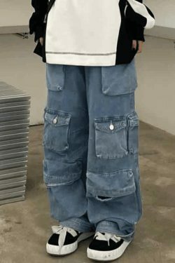 Vintage Washed Cargo Boyfriend Jeans with Multiple Pockets - Y2K Aesthetic Fashion Staple