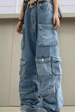 Vintage Washed Cargo Boyfriend Jeans with Multiple Pockets - Y2K Aesthetic Fashion Staple