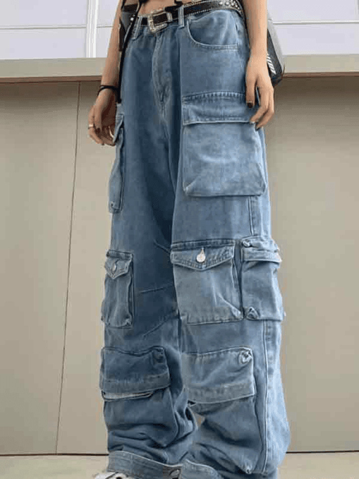 Vintage Washed Cargo Boyfriend Jeans with Multiple Pockets - Y2K Aesthetic Fashion Staple Vintage Washed Cargo Boyfriend Jeans with Multiple Pockets - Y2K Aesthetic Fashion Staple