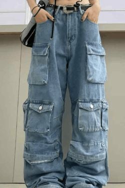 Vintage Washed Cargo Boyfriend Jeans with Multiple Pockets - Y2K Aesthetic Fashion Staple