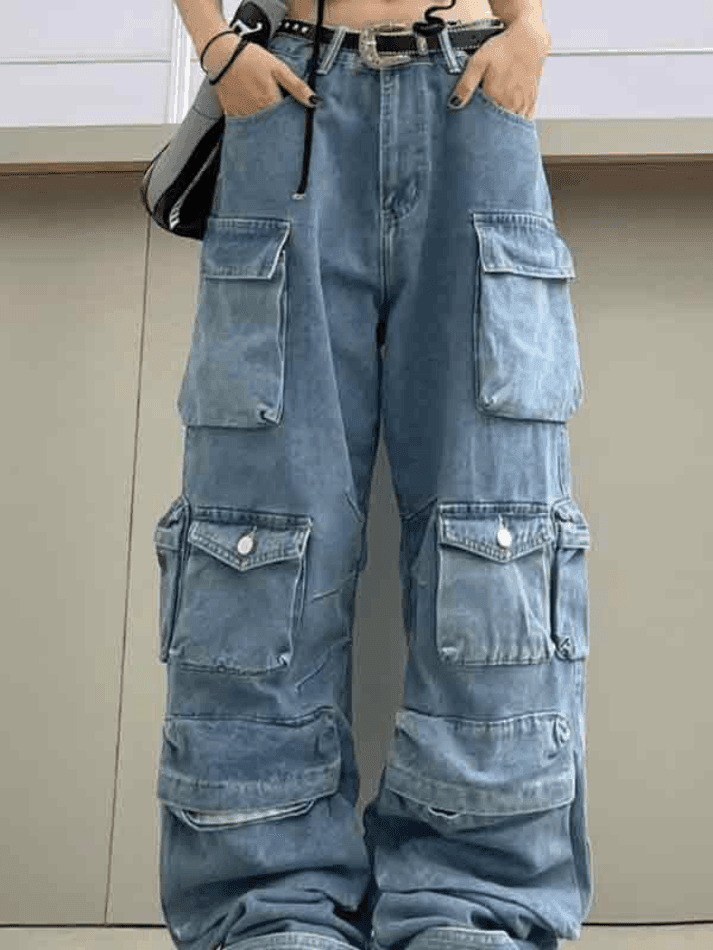 Vintage Washed Cargo Boyfriend Jeans with Multiple Pockets - Y2K Aesthetic Fashion Staple Vintage Washed Cargo Boyfriend Jeans with Multiple Pockets - Y2K Aesthetic Fashion Staple