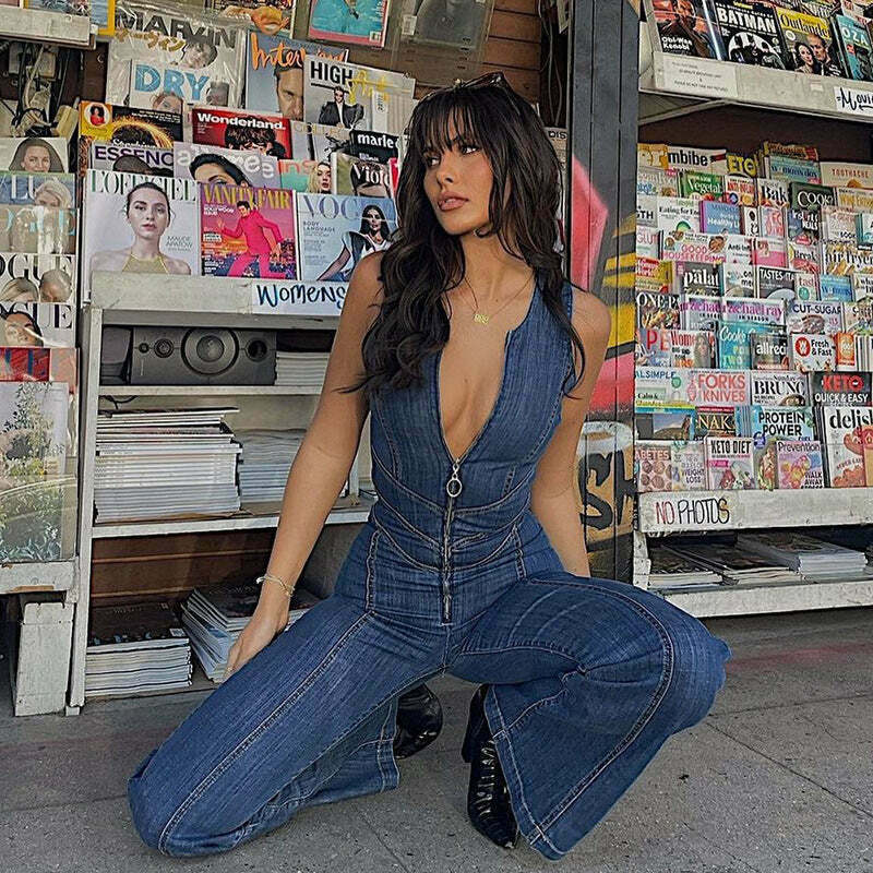 Vintage Washed Denim Jumpsuit: Y2K Fashion Statement with Retro High Waist Style Vintage Washed Denim Jumpsuit: Y2K Fashion Statement with Retro High Waist Style
