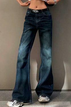 Vintage Washed Distressed Flare Jeans for Y2K Fashion Enthusiasts