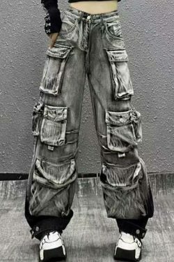 Vintage Washed Gradient Paratrooper Jeans for Niche Women's Y2K Fashion