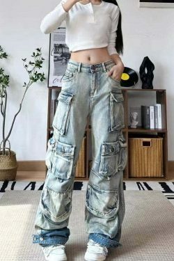 Vintage Washed Gradient Paratrooper Jeans for Niche Women's Y2K Fashion