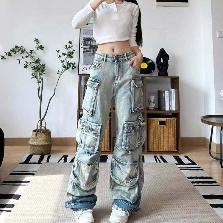 Vintage Washed Gradient Paratrooper Jeans for Niche Women's Y2K Fashion Vintage Washed Gradient Paratrooper Jeans for Niche Women's Y2K Fashion