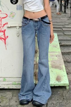 Vintage Washed Low Waist Mopping Boyfriend Jeans for Women - Y2K Fashion Aesthetic