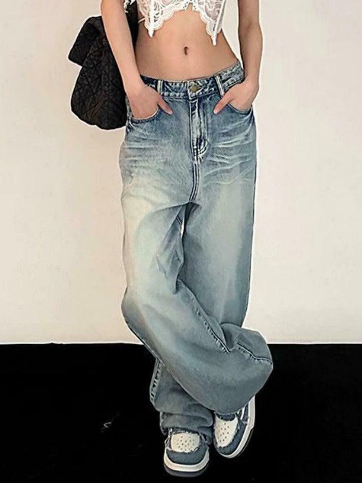 Vintage Washed Mopping Loose Boyfriend Jeans - Y2K Fashion Staple for Effortless Style