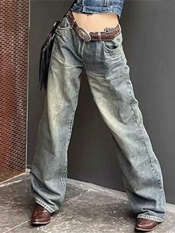 Vintage Washed Wide Leg Jeans: Y2K Fashion Staple for Women's Grunge and Coquette Aesthetic Outfits