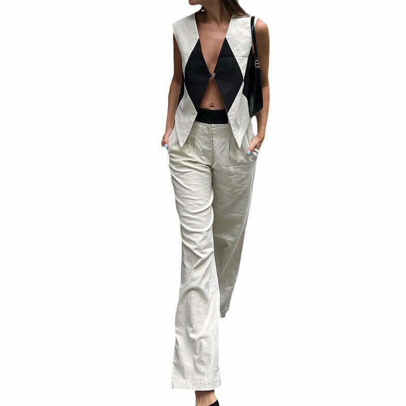 Vintage Y2K Aesthetic Cargo Skirt Set with Checkered Vest and Trousers Suit Vintage Y2K Aesthetic Cargo Skirt Set with Checkered Vest and Trousers Suit