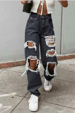 Vintage Y2K Aesthetic Cargo Skirt with Ripped High Waist Boyfriend Jeans