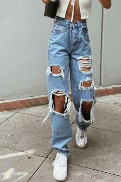Vintage Y2K Aesthetic Cargo Skirt with Ripped High Waist Boyfriend Jeans