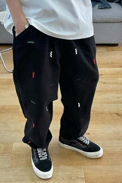 Vintage Y2K Aesthetic Embroidered Jeans - Coquette Style with Grunge & Pastel Goth Vibes