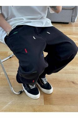 Vintage Y2K Aesthetic Embroidered Jeans - Coquette Style with Grunge & Pastel Goth Vibes