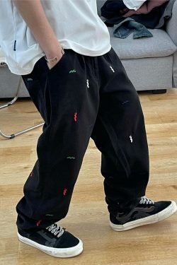 Vintage Y2K Aesthetic Embroidered Jeans - Coquette Style with Grunge & Pastel Goth Vibes