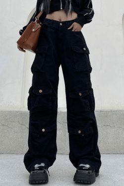 Vintage Y2K Cargo Jeans for Women - Coquette Aesthetic, Grunge Style, Pastel Goth Fashion