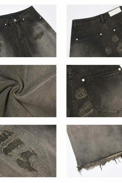 Vintage Y2K Style Extreme Wash Frayed Denim Cargo Skirt