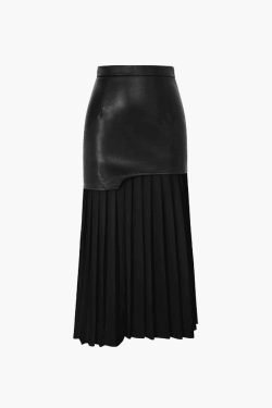 Vintage Y2K Style Faux Leather Midi Skirt - Grunge Aesthetic Contrast Pleated Fashion