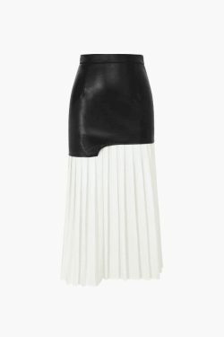 Vintage Y2K Style Faux Leather Midi Skirt - Grunge Aesthetic Contrast Pleated Fashion