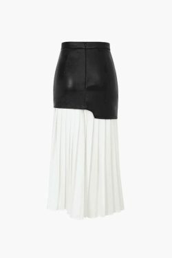Vintage Y2K Style Faux Leather Midi Skirt - Grunge Aesthetic Contrast Pleated Fashion