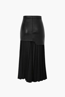 Vintage Y2K Style Faux Leather Midi Skirt - Grunge Aesthetic Contrast Pleated Fashion