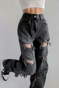 Vintage Y2K Style: Ripped Baggy Jeans - Coquette Aesthetic, Grunge Vibes, Pastel Goth