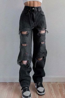 Vintage Y2K Style: Ripped Baggy Jeans - Coquette Aesthetic, Grunge Vibes, Pastel Goth