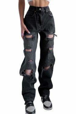Vintage Y2K Style: Ripped Baggy Jeans - Coquette Aesthetic, Grunge Vibes, Pastel Goth