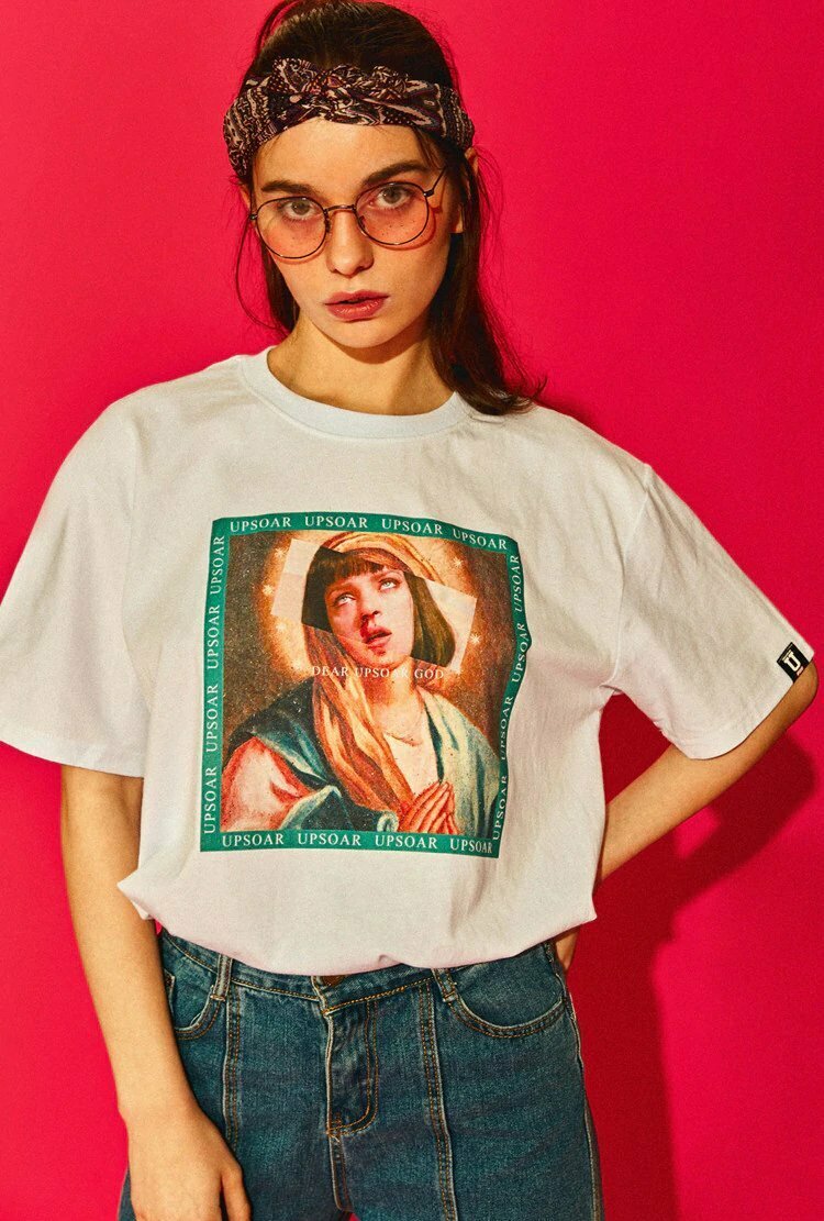 Virgin Mary x Pulp Fiction Print Tee - Y2K Aesthetic Grunge Style Coquette Fashion Virgin Mary x Pulp Fiction Print Tee - Y2K Aesthetic Grunge Style Coquette Fashion