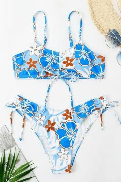 Wave Floral Print Bikini Set for Y2K Fashion Enthusiasts - Coquette Aesthetic Swimwear