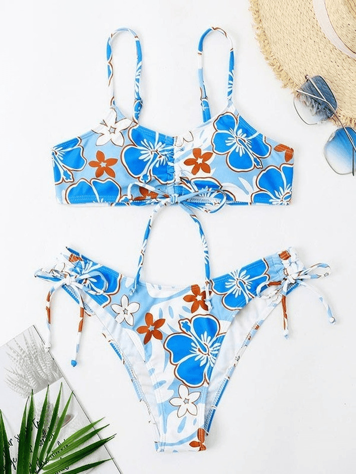 Wave Floral Print Bikini Set for Y2K Fashion Enthusiasts - Coquette Aesthetic Swimwear Wave Floral Print Bikini Set for Y2K Fashion Enthusiasts - Coquette Aesthetic Swimwear