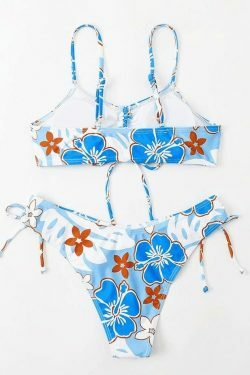 Wave Floral Print Bikini Set for Y2K Fashion Enthusiasts - Coquette Aesthetic Swimwear