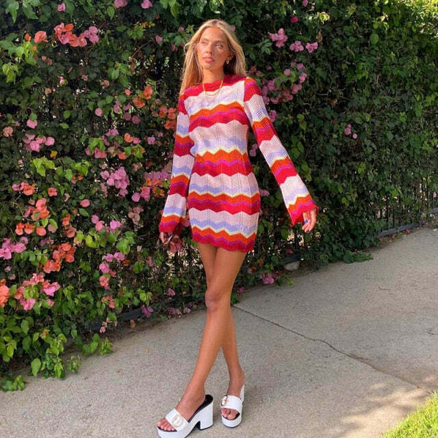 Wave Knitted Backless Red Mini Dress - Y2K Fashion Aesthetic - Coquette Grunge Outfit