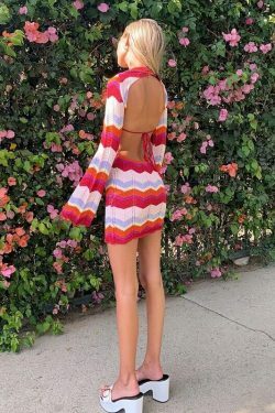 Wave Knitted Backless Red Mini Dress - Y2K Fashion Aesthetic - Coquette Grunge Outfit