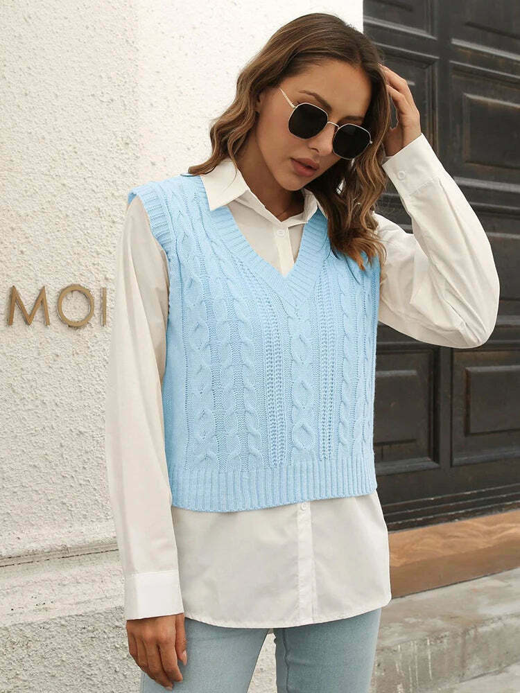 Whisper Weave V-Neck Vest in Coquette Aesthetic: Y2K Fashion Staple for Women's Niche Style Whisper Weave V-Neck Vest in Coquette Aesthetic: Y2K Fashion Staple for Women's Niche Style