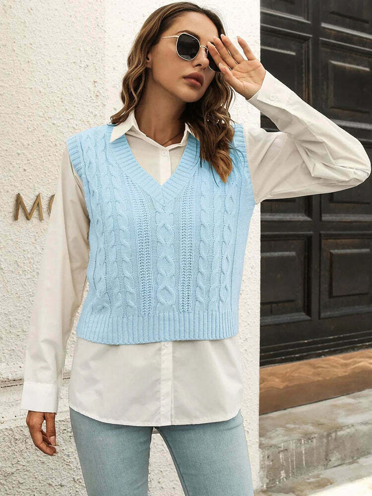 Whisper Weave V-Neck Vest in Coquette Aesthetic: Y2K Fashion Staple for Women's Niche Style Whisper Weave V-Neck Vest in Coquette Aesthetic: Y2K Fashion Staple for Women's Niche Style