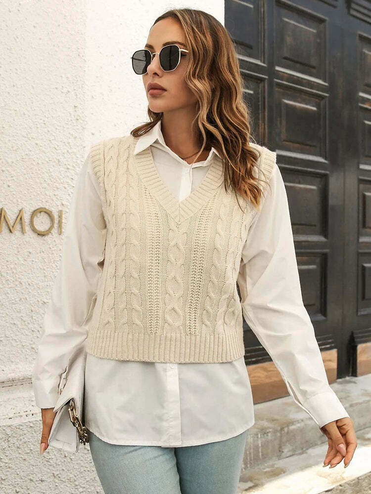 Whisper Weave V-Neck Vest in Coquette Aesthetic: Y2K Fashion Staple for Women's Niche Style Whisper Weave V-Neck Vest in Coquette Aesthetic: Y2K Fashion Staple for Women's Niche Style