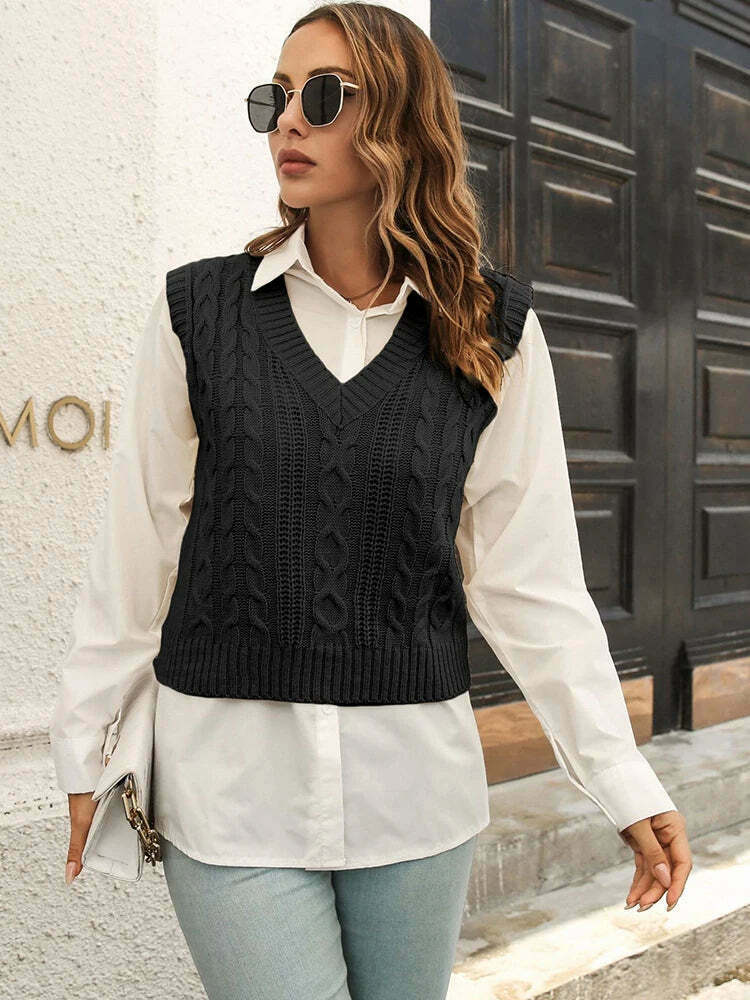 Whisper Weave V-Neck Vest in Coquette Aesthetic: Y2K Fashion Staple for Women's Niche Style Whisper Weave V-Neck Vest in Coquette Aesthetic: Y2K Fashion Staple for Women's Niche Style