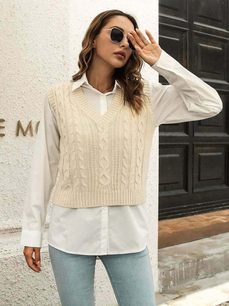 Whisper Weave V-Neck Vest in Coquette Aesthetic: Y2K Fashion Staple for Women's Niche Style Whisper Weave V-Neck Vest in Coquette Aesthetic: Y2K Fashion Staple for Women's Niche Style