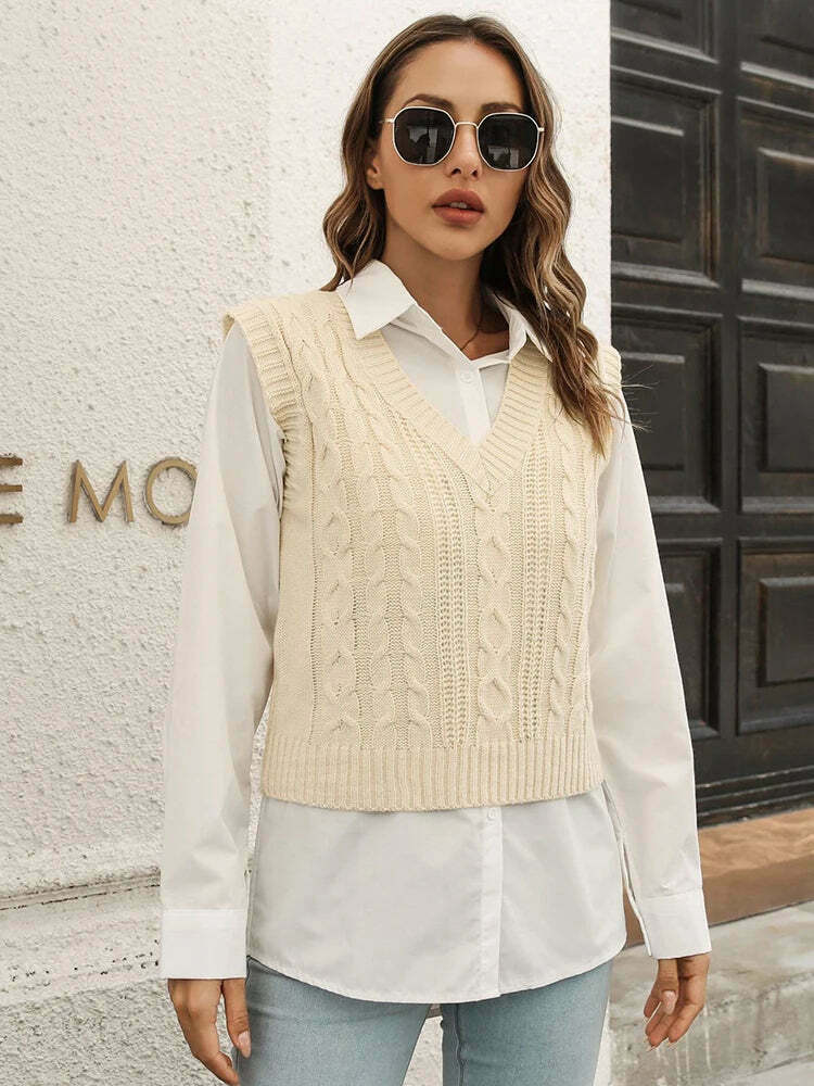 Whisper Weave V-Neck Vest in Coquette Aesthetic: Y2K Fashion Staple for Women's Niche Style Whisper Weave V-Neck Vest in Coquette Aesthetic: Y2K Fashion Staple for Women's Niche Style