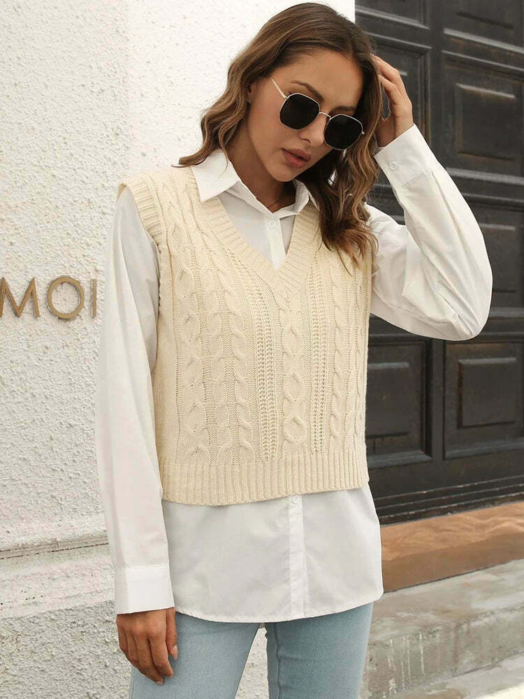 Whisper Weave V-Neck Vest in Coquette Aesthetic: Y2K Fashion Staple for Women's Niche Style Whisper Weave V-Neck Vest in Coquette Aesthetic: Y2K Fashion Staple for Women's Niche Style