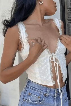 White Lace Cropped Tank: Y2K Fashion Coquette Aesthetic - Grunge Style Cute Tops for Women