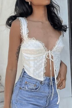 White Lace Cropped Tank: Y2K Fashion Coquette Aesthetic - Grunge Style Cute Tops for Women
