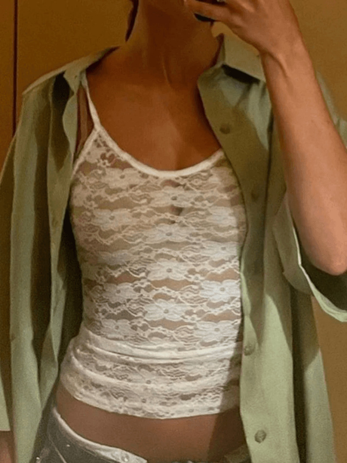 White Sheer Lace Crop Cami: Y2K Fashion Coquette Aesthetic - Grunge Style Cute Tops for Women White Sheer Lace Crop Cami: Y2K Fashion Coquette Aesthetic - Grunge Style Cute Tops for Women