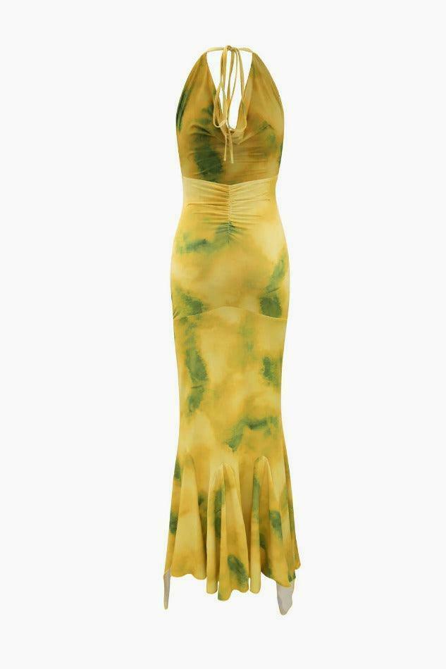 Y2K Abstract Print Halter Maxi Dress with Ruffle Detail - Coquette Aesthetic for Women's Fashion