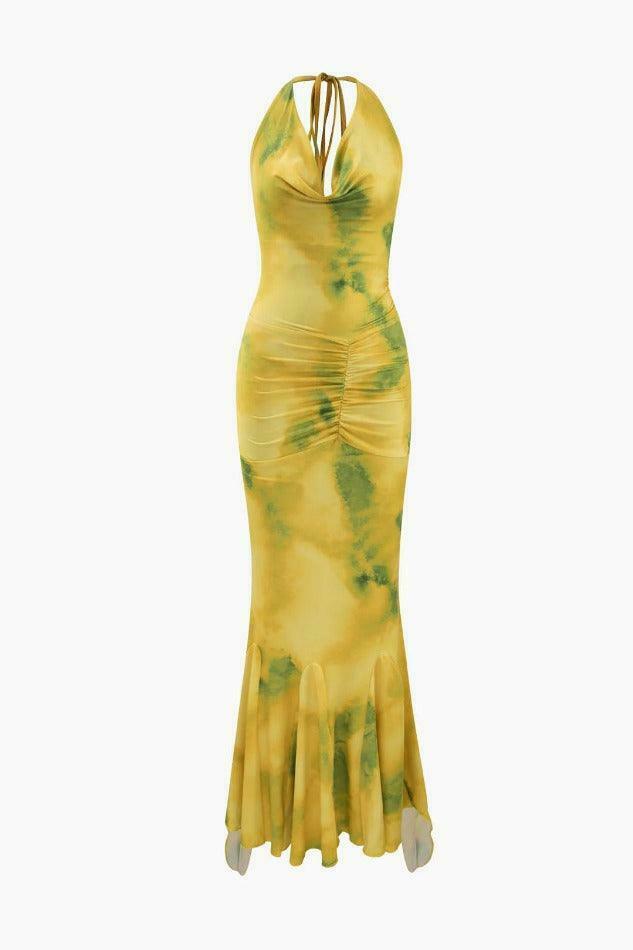 Y2K Abstract Print Halter Maxi Dress with Ruffle Detail - Coquette Aesthetic for Women's Fashion