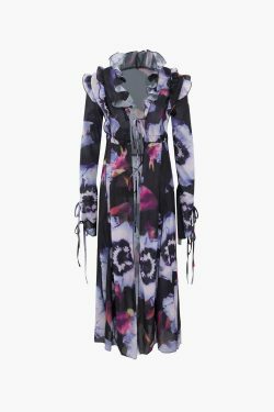 Y2K Abstract Print Ruffle Cover Up Dress - Coquette Aesthetic Fashion for Women