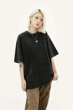 Y2K Acid Wash Collar T-Shirt - Coquette Aesthetic Grunge Style