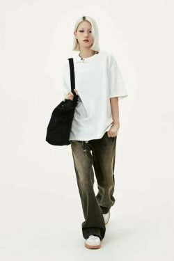 Y2K Acid Wash Collar T-Shirt - Coquette Aesthetic Grunge Style